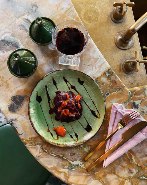 Carpaccio Beet with Roasted Bell Peppers & Chlorophyll Sauce