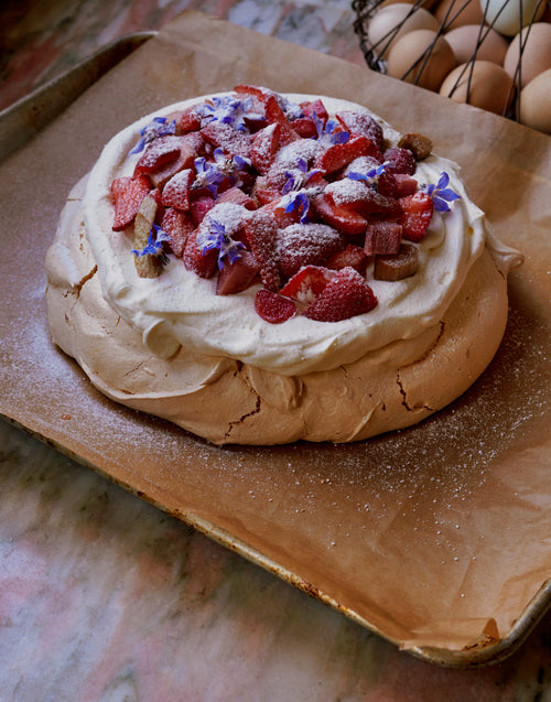 Strawberry & Roasted Rhubarb Pavlova