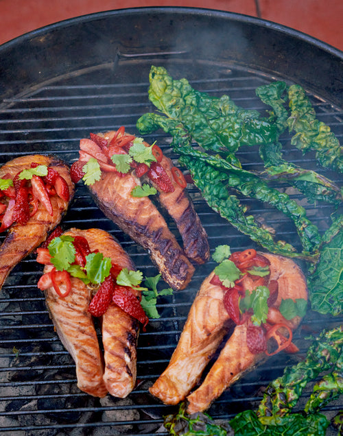 Grilled Salmon with Strawberry Salsa and Grilled Kale Salad