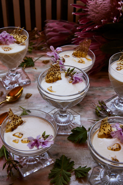 Buttermilk Panna Cotta with Mustard Seed Brittle and Cherries