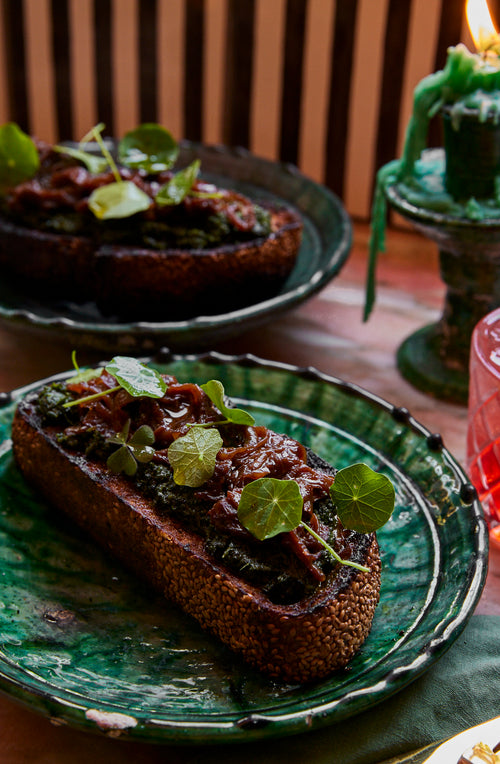 Onion Jam Fettunta with Greens Pesto