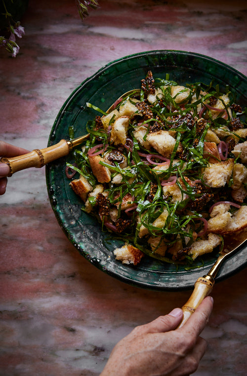 Collard Greens Panzanella with Honey Seed Brittle and Pickled Shallot Vinaigrette