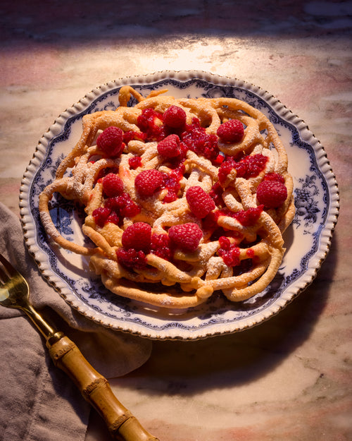 Crispy Fluffy Cardamom Funnel Cake with Raspberry Compote