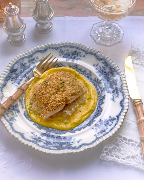 Pistachio Crusted Fish with Melted Shallots, Turmeric Celeriac and Cauliflower Puree