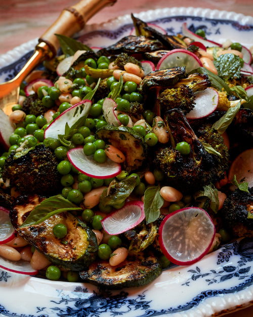 Chargrilled Broccoli, Zucchini, Peas, and Radish with Cannellini Beans and Caper Bagna Cauda