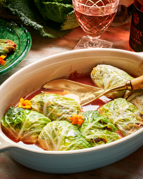 Braised Wild Rice Stuffed Cabbage Rolls