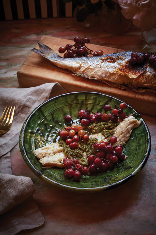 Whole Roasted Branzino with Pickled Grapes & Grape Leaf Pistou