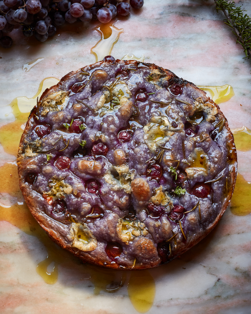 Butterfly Pea Focaccia with Roasted Thomcords, Rosemary & Blue Goat Cheese