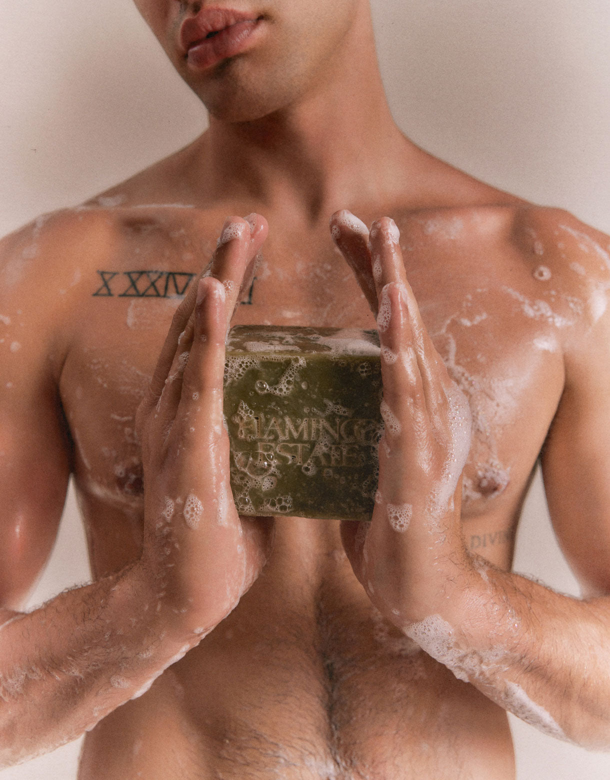 Man Holding A Foaming Flamingo Estate Soap Brick In Front Of Him With Two Hands